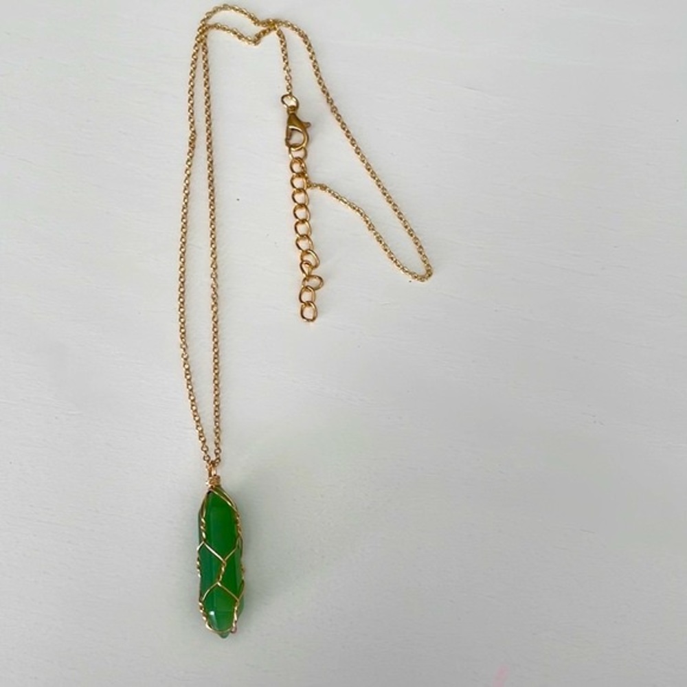 Handcrafted Green Jade Crystal Necklace, 23” gold tone chain- Not Used